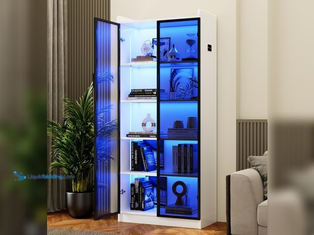 Lot 49-1555631 - Display Cabinet with Doors and Adjustable Shelves, 71" Tall Bookcase with LED Lights/Human Sensor, 5...