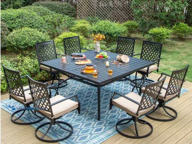 Lot 49-1512770 - 9-Piece Metal Outdoor Dining Set with Square Table and Elegant Swivel Chairs with Beige Cushions, Mo...