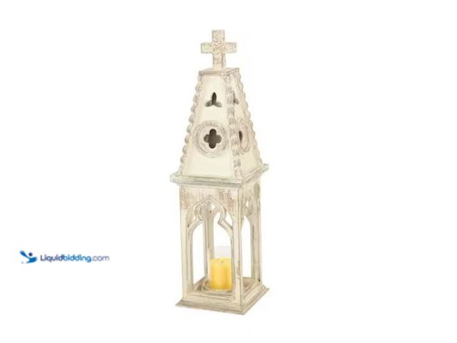 Lot 49-1577420 - Litton Lane 28 in. H White Wood Standing Decorative Candle Lantern, Model # 20492, Unused.   Ref#ASR...