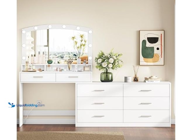 Lot 49-1555653 - Irontar Vanity Desk with Large Mirror and 3-Color Lights, Makeup Vanity with 8 Drawers & Open Shelf,...