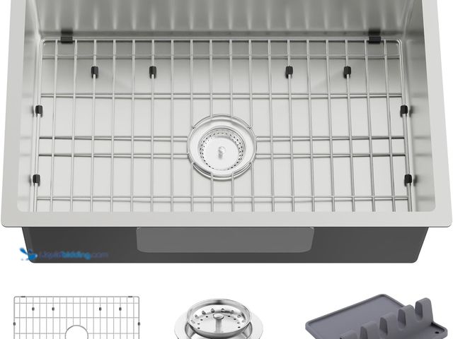 Lot 49-5410363 - Stainless Steel Drop In Kitchen Sink - 27x18 Inch Modern Undermount Single Bowl - SS Grid, Spoon Res...