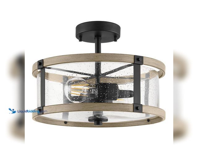 Lot 49-5416156 - Hampton Bay Richland 2-Light Grey Wood Semi Flush Mount Clear Seedy Glass. [Model # KSF8202AX-01] Un...