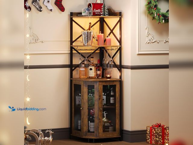 Lot 49-5556974 - JKsmart Corner Bar Cabinet with LED Lights, 5-Tier Industrial Wine Bar Cabinet with Glass Holder, Fa...