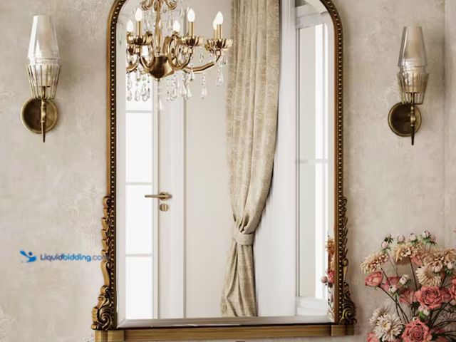 Lot 49-2000085 - XRAMFY Antique Gold 28 in. W x 40 in. H Arched Modern Polyurethane Framed with Decoration Antique Va...