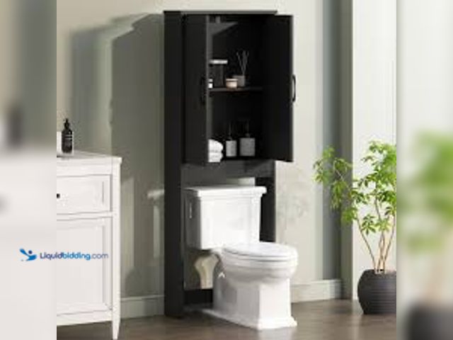 Lot 49-5544616 - Mainstays Ardent Over-the-Toilet Bathroom Storage Cabinet, Black. Model: MS1611136520SBL. Unused, ha...