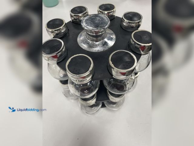 Lot 49-5450588 - Stainless Steel Clear Spice Jars &amp; racks. Used, works, little dusty.