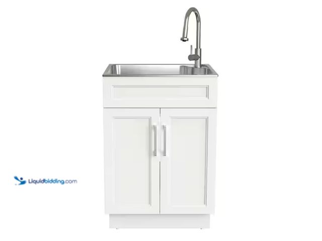 Lot 49-2000124 - Glacier Bay 24 in. Drop-In Stainless Steel Laundry Sink with Assembled Cabinet in White with Faucet,...