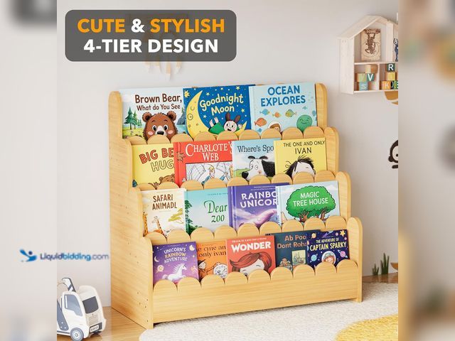 Lot 49-5554290 - SpaceAid 4-Tier Scalloped Bookshelf, Montessori Bookcase for Toddlers, Wooden Book Shelf Organizer D...