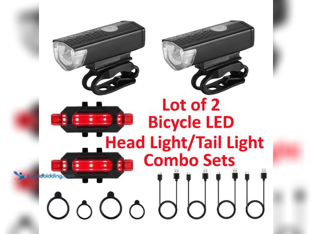 Lot 49-5434364 - Lot of 2 USB Rechargeable LED Cycling Head Light/Tail Light Combo Packs with 2 Red Tail Lights - NEW...