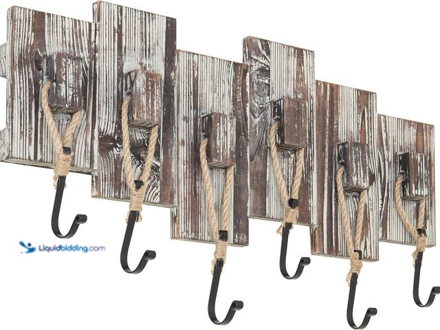 Lot 49-3513462 - MyGift 6 Hook Wall Mounted Torched Wood Entryway Coat and Hat Rack, Decorative Nautical Style Rustic...
