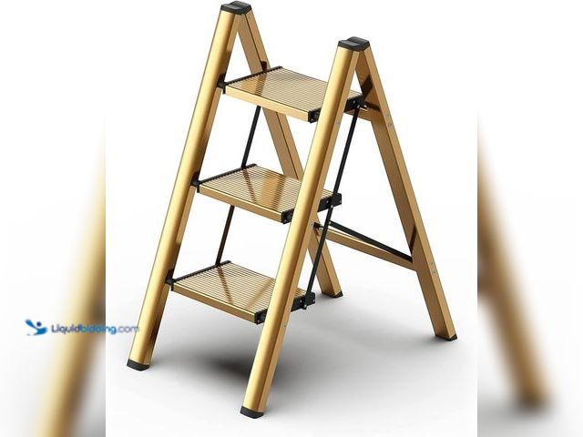 Lot 49-5544532 - hismocal Foldable 3 Step Stool Ladder for Closet/Kitchen - Aluminium Gold Step Ladder, 330lbs Lightw...