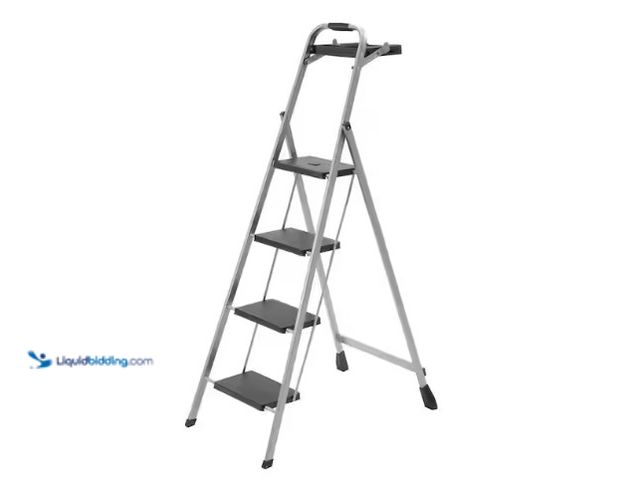 Lot 49-1566677 - 4-Step Steel Skinny Mini Step Stool Ladder with Project Tray, Model # HSP-4TG, new  Ref#SR1230
