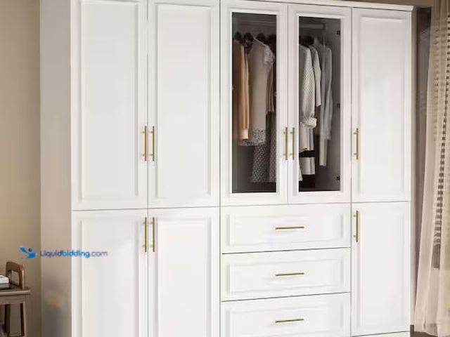 Lot 49-1572081 - FUFU&GAGA 3-Combination White Wood 79.1 in. W 8-Door Big Armoires with Hanging Rods, Drawers, Shelve...