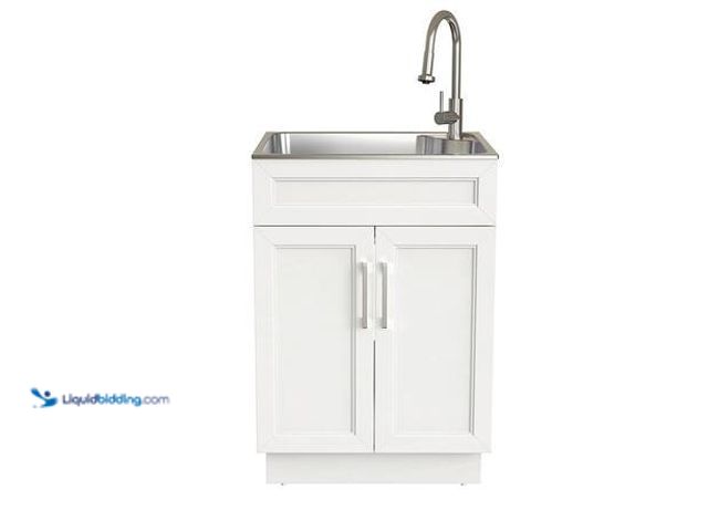 Lot 49-5553510 - Glacier Bay 24 in. Drop-In Stainless Steel Laundry Sink with Assembled Cabinet in White with Faucet ...