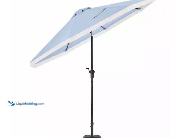 Lot 49-3614901 - Hampton Bay 9 ft. Aluminum Market Crank and Auto-Tilt Patio Umbrella in Morning Glory Blue with Frin...