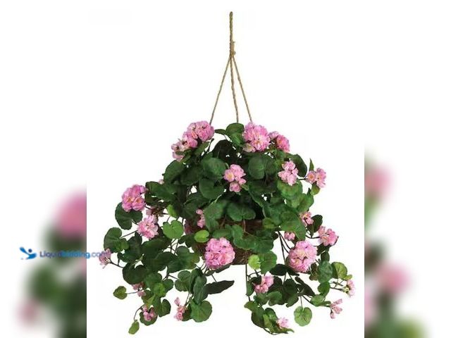 Lot 49-2026039 - Nearly Natural 24 in. Artificial Geranium Floral Arrangement in Hanging Basket, Model # 6609-PK, Unu...