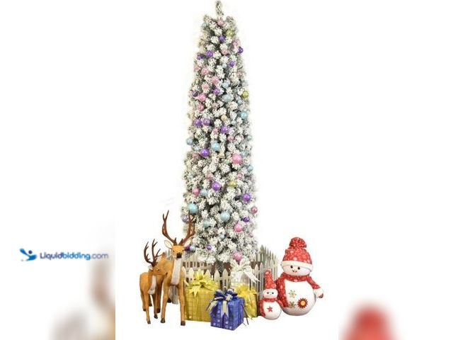 Lot 49-1548159 - Ktaxon 7.5FT Slim Christmas Tree, Pencil Flocked Artificial Tree with 641 Tips, Green and White Mode...