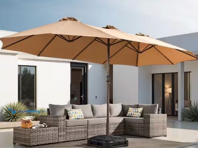 Lot 49-2005559 - Toject 15 ft. x 9 ft. Rectangular Metal Double-Sided Market Patio Umbrella with Base and Crank in Kh...