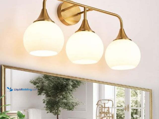 Lot 49-5436408 - Modern Gold Bathroom Vanity Lights 3-Light Bathroom Light Fixtures Over Mirror with Milk White Glass...