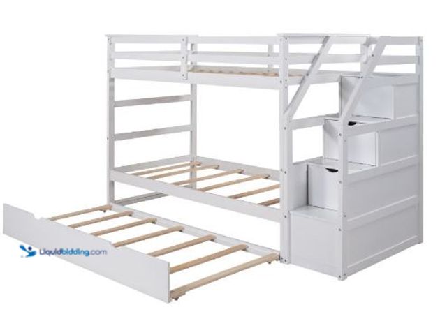 Lot 49-1625488 - Twin Over Twin Bunk Bed w/ Twin Trundle & 3 Storage Stairs, White, Model # WF286865AAK, Slightly use...