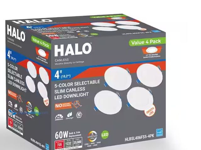 Lot 49-1814371 - (4-Pack)HALO 4 in. Can Less Integrated LED, 600 Lumens, 5CCT, White (4-Pack)