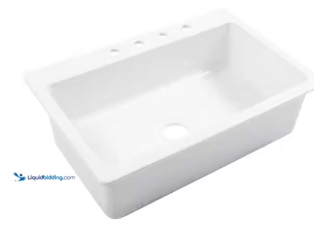 Lot 49-2026181 - SINKOLOGY Jackson 33 in. 4-Hole Drop-In Single Bowl Crisp White Fireclay Kitchen Sink, Model # SK411...