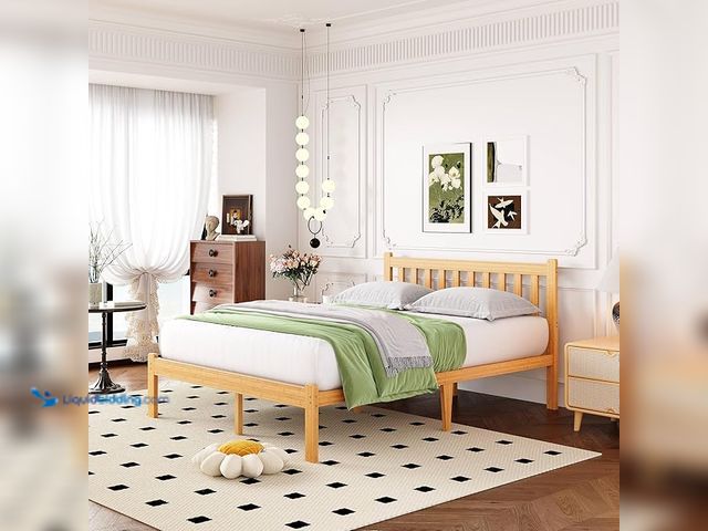 Lot 49-3472630 - 14 Inch Heavy-Duty Easy Assembly Solid Wood Bamboo Platform Queen Bed Frame with Headboard, No Box S...