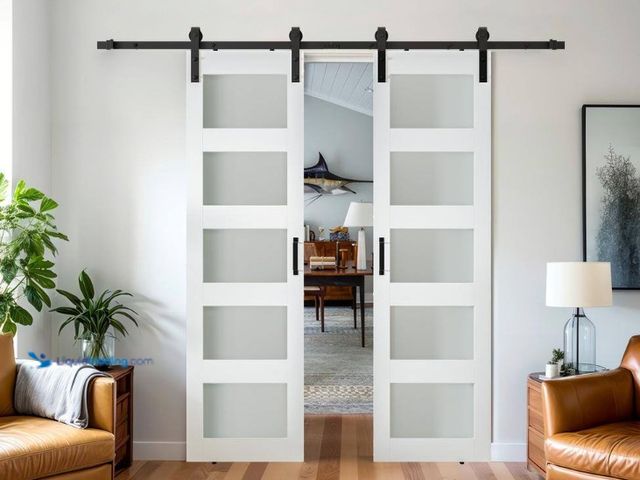 Lot 49-5508853 - SOCBAZZAR
84 in. x 84 in. (Double 42 in.) 5-Lite Frosted Glass White Prefinished MDF Interior Slidi...