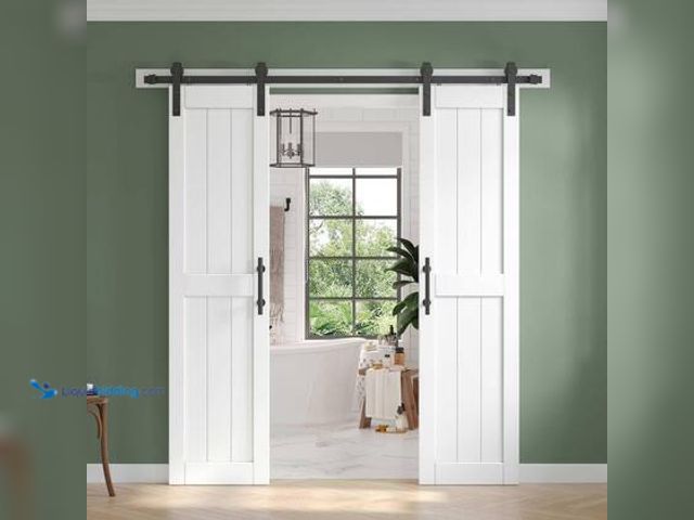 Lot 49-5572256 - easelife 42 in. x 84 in. (Double 21 in.) White Paneled H Shape Solid MDF Sliding Barn Door with Hard...