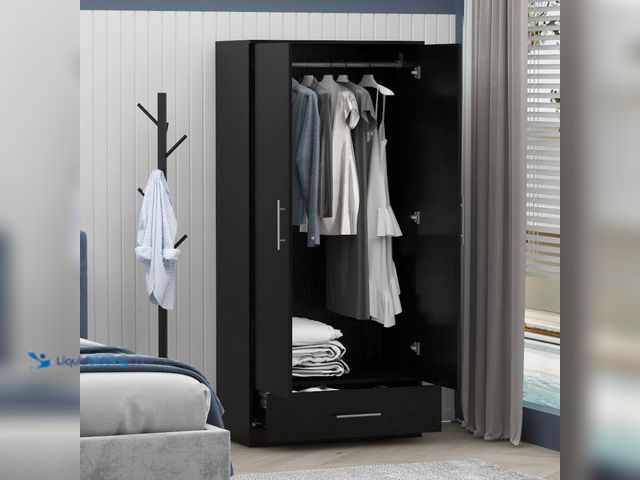 Lot 49-5412541 - Fufu & Gaga Black 2-Door Wardrobe Armoire with 1-Drawers and Hanging Rod 66.9 in. H x 31.5 in. W x 1...