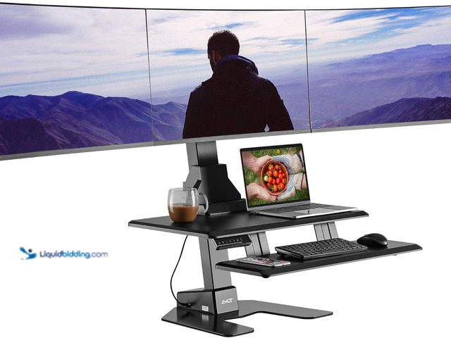 Lot 49-3617628 - AVLT Electric Standing Desk Converter for Triple 32" Monitors Motorized | Sit to Stand Riser - Unuse...