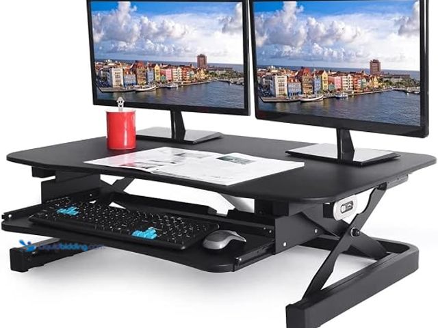 Lot 49-3611858 - Apex Desk EDR-3612-BLACK ZT Series Height Adjustable Sit to Stand Electric Desk Converter, 2-Tier De...