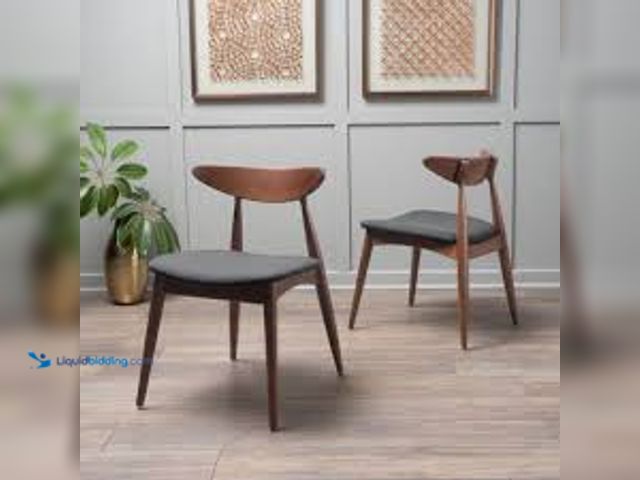 Lot 49-5461473 - CHRISTOPHER KNIGHT HOME Tessa Charcoal and Walnut Upholstered Mid-Century Modern Dining Chairs, Soli...