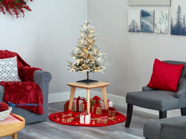 Lot 49-1556617 - Nearly Natural 3ft. Flocked Manchester Spruce Artificial Christmas Tree with 50 Lights and 133 Benda...