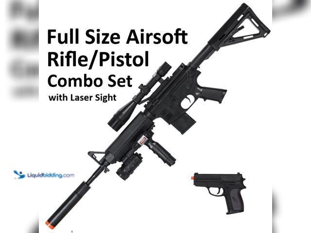 Lot 49-3430625 - Airsoft Full Size Rifle/Pistol Combo Pack Spring Powered with RIS Laser/Light/Mock Scope - NEW -  In...
