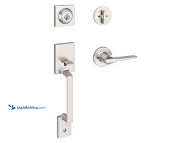 Lot 49-5459472 - Kwikset Amador Satin Nickel Entry Door Handleset with Round Rose Hollis Handle Featuring SmartKey Se...