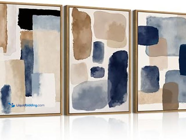 Lot 49-1625574 - Large Abstract Navy Blue Brown Framed Canvas Wall Art Set, Modern Minimalist Color Blocks Wall Decor...