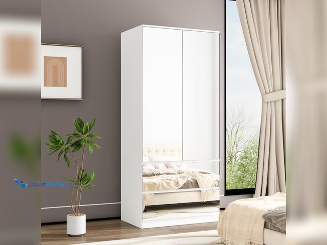 Lot 49-5410257 - FUFU&GAGA Wardrobe with Mirror Doors, White Bedroom Armoire with 2 Drawers, Hanging Rod, Mirrored Cl...