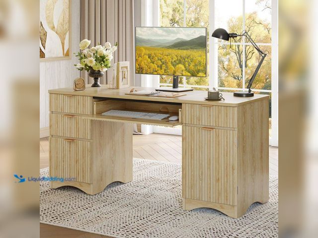 Lot 49-5552923 - Bestier
63 in. Natural Fluted Executive Desk with 4 Drawers and Flip-Down Keyboard Tray,Computer De...