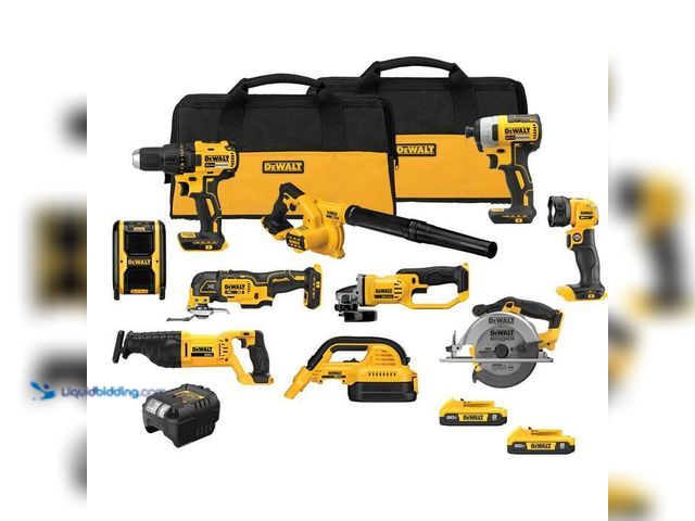 Lot 49-1514724 - DEWALT 20-Volt Max Lithium-Ion 10-Tool Cordless Combo Kit with Two 2.0 Ah Batteries, Charger and 2 B...