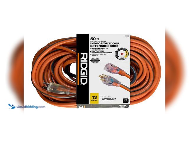 Lot 49-5409094 - RIDGID
50 ft. 12/3 Heavy Duty Indoor/Outdoor Extension Cord with Lighted End, Orange/Grey Unused