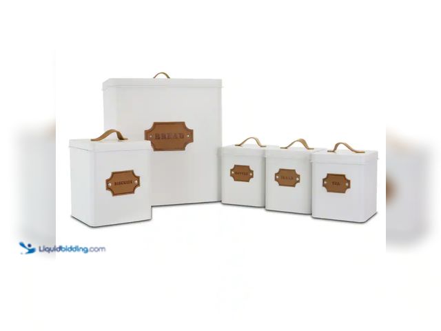 Lot 49-2000338 - (5-Piece) MegaChef - Kitchen Food Storage and Organization Canister Set in White and Brown, Model # ...