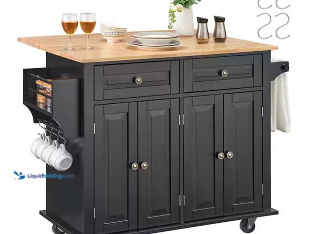 Lot 49-2001132 - VEVOR Natural Wood Kitchen Island Cart Rolling Storage Cabinet on Wheel with Drawer and Shelves, Sol...