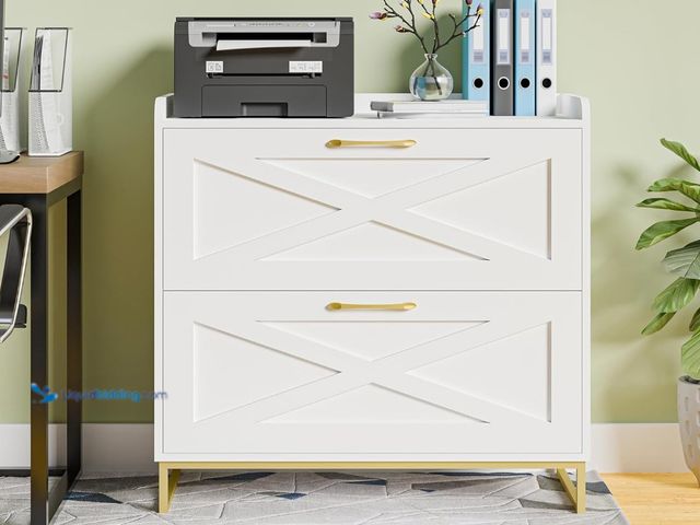 Lot 49-3481617 - File Cabinet 2 Drawer Lateral File Cabinet with Charging Station(White + Gold), Model# B0DQZFH6GC, U...