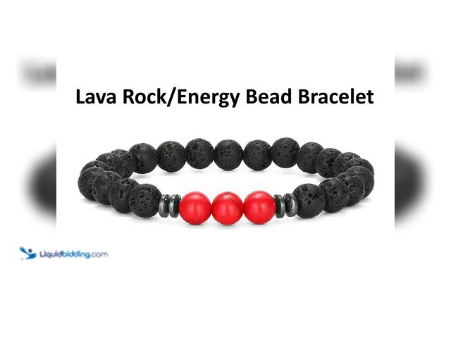 Lot 49-3481477 - Lava Rock/Energy Bead Bracelet 8mm Black/Red - NEW - Features 8mm Lava Rock/Beads, Elastic Chord wit...