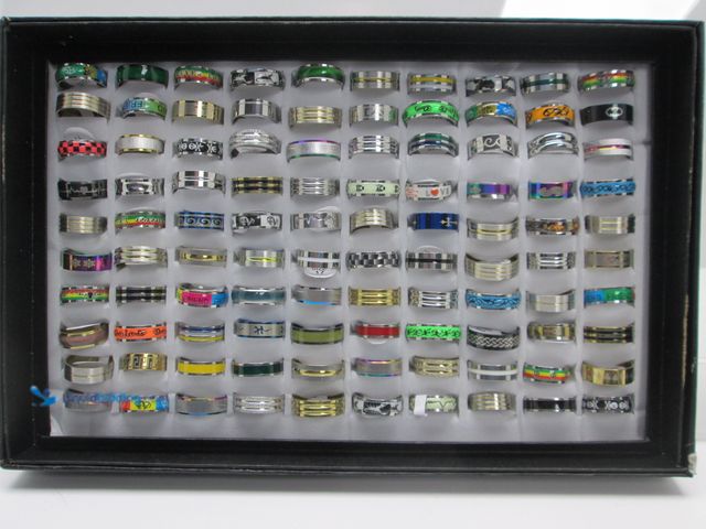 Lot 49-5434088 - Bulk Lot of 100 Stainless Steel Rings in Black Retail Display Box - NEW - Includes Men's and Women's...