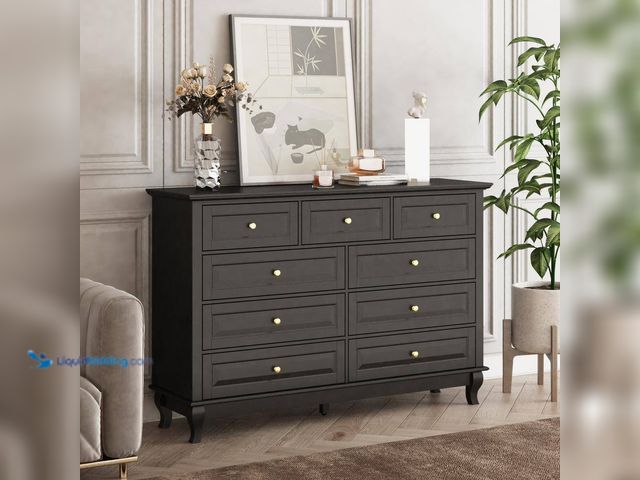 Lot 49-5408402 - FUFU&GAGA 9-Drawer Black Wood Dresser Bedroom Storage Cabinet Modern Style 37 in. H x 55.1 in. W x 1...