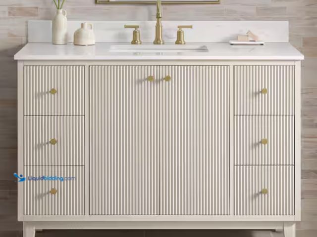 Lot 49-2000072 - Home Decorators Collection Sylvie 48 in. Single Sink Fluted Dove Bathroom Vanity with Volakas Engine...