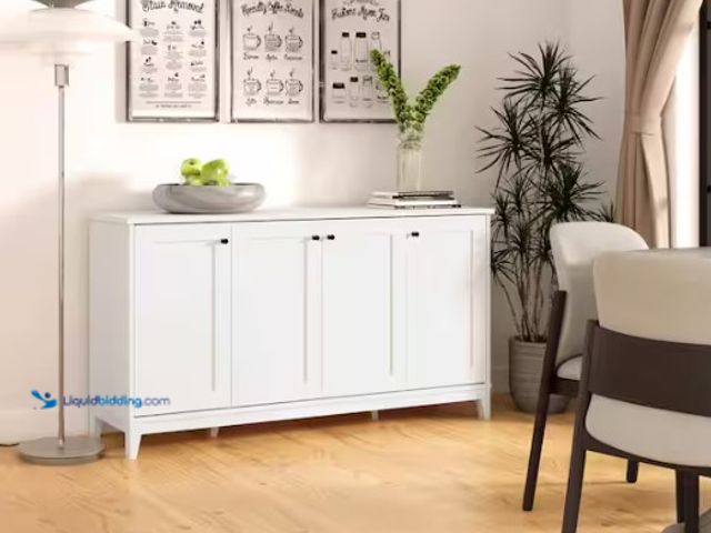 Lot 49-1519214 - Prepac Yaletown White 32 in. H x 60 in. W x 16 in. D 4-Panel Door Accent Storage Cabinet with Adjust...
