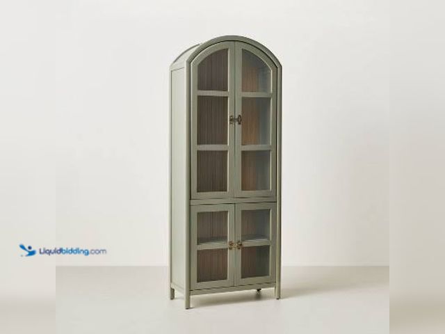 Lot 49-5572312 - Grooved Wood with Glass 4 Door Arch Cabinet Sage Green - Hearth & Hand™ with Magnolia. Unused
